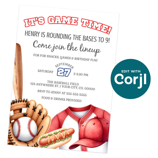A baseball-themed birthday party invitation featuring bats, gloves, a cap, a hot dog, and event details, with a "Edit with Corjl" badge on the side.