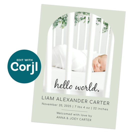 Birth announcement card featuring a sleeping newborn in a crib, with the text "hello world" and birth details for Liam Alexander Carter.