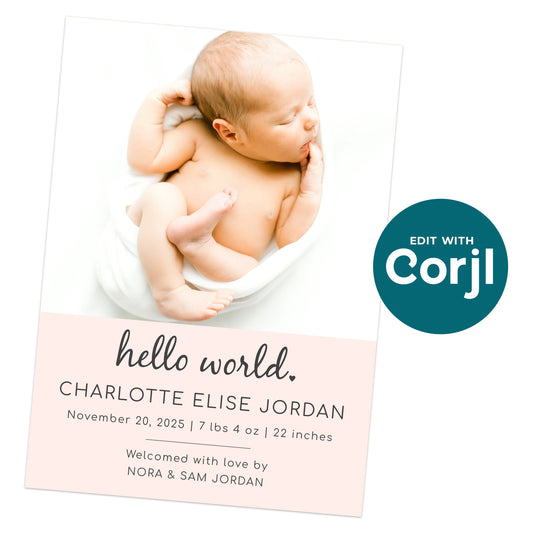 A newborn baby wrapped in a white blanket lies on a white surface next to a birth announcement with details and "hello world" text.