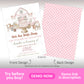 A birthday invitation with a barn and farm animals on the front and pink gingham pattern on the back, promoting a children's party with event details displayed.