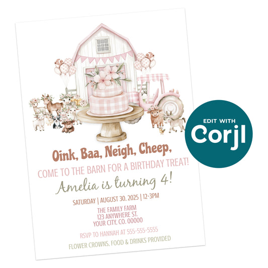 Birthday party invitation with a barnyard theme, featuring farm animals, a barn, balloons, and a cake; event details and RSVP information included.