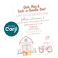 Children’s birthday party invitation with a pink barn, tractor, balloon, and hay bale, inviting guests to celebrate Jillian’s 3rd birthday at The Family Farm.