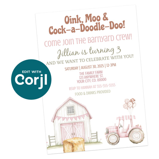 Children’s birthday party invitation with a pink barn, tractor, balloon, and hay bale, inviting guests to celebrate Jillian’s 3rd birthday at The Family Farm.