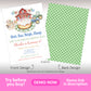 Front of a farm-themed birthday party invitation featuring barn, animals, tractor, and cake; back shows green gingham pattern.