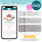 A phone displays a farm-themed birthday invitation in Corjl editing software, with instructions for purchasing, editing, and downloading personalized designs.