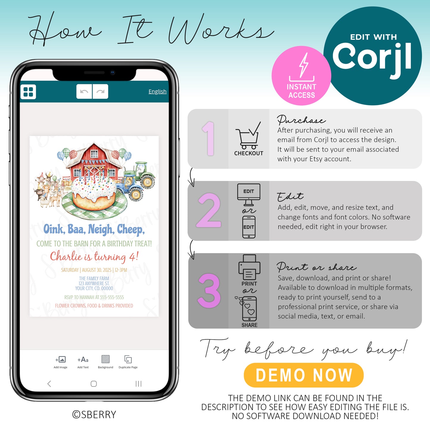 A phone displays a farm-themed birthday invitation in Corjl editing software, with instructions for purchasing, editing, and downloading personalized designs.