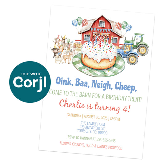 Birthday invitation featuring a barn, farm animals, a tractor, and a large birthday cake with colorful decorations and event details for a 4th birthday party.