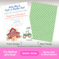 A farm-themed birthday party invitation with a red barn, balloons on a tractor, and green gingham patterned back design.
