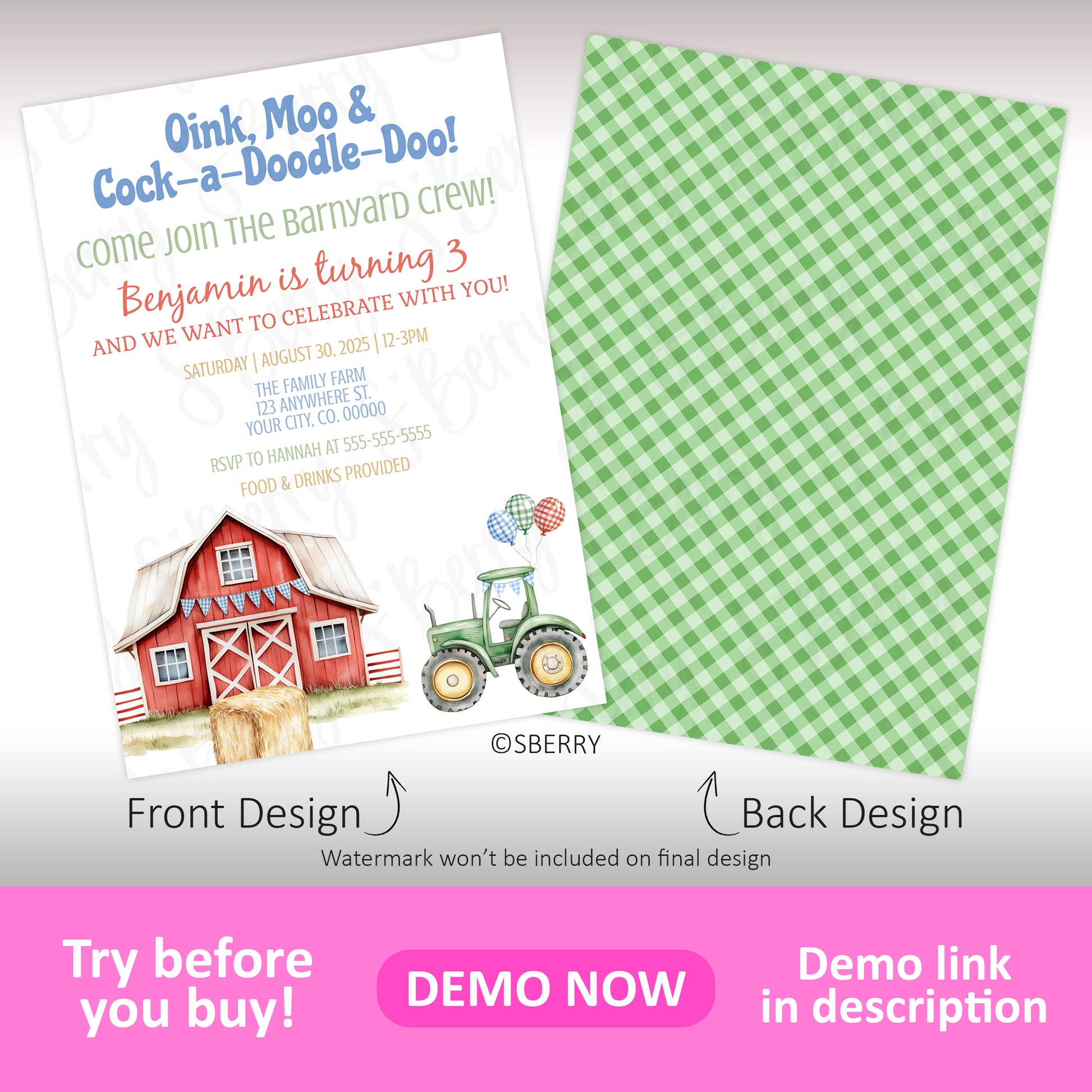 A farm-themed birthday party invitation with a red barn, balloons on a tractor, and green gingham patterned back design.