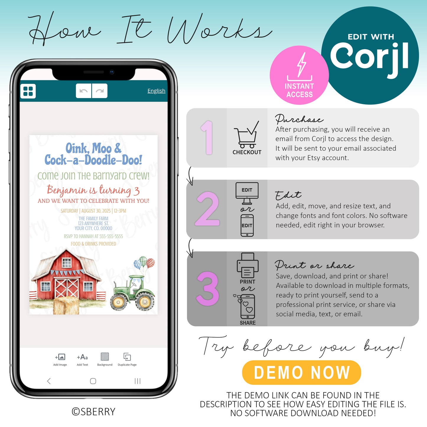 A digital flyer explains how to edit a farm-themed birthday invitation template using Corjl, highlighting steps for purchase, editing, and downloading or sharing online.