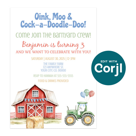 Farm-themed birthday invitation featuring a red barn, a green tractor with balloons, and party details for a child's third birthday.
