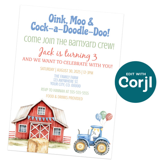 Children's farm-themed birthday invitation featuring a red barn, blue tractor with balloons, and party details for Jack's 3rd birthday at The Family Farm.