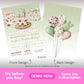 Invitation features a pink and green western-themed first birthday design with cow print cake, gifts, and balloons on the front and back, plus event details for a party.