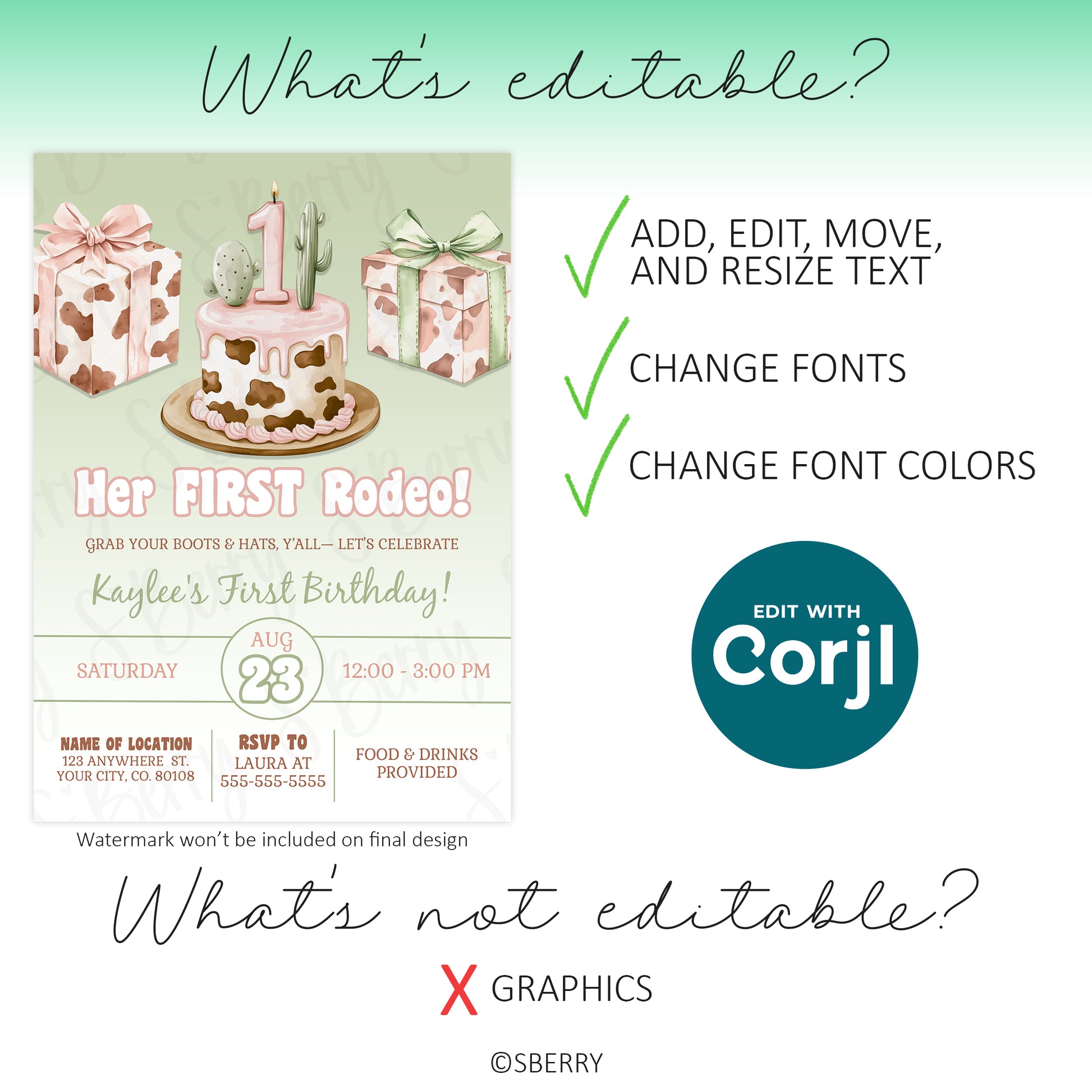 Digital birthday invitation template with floral cake and cowgirl theme, showing editable text, font, and color options; graphics are not editable. Uses Corjl for customization.