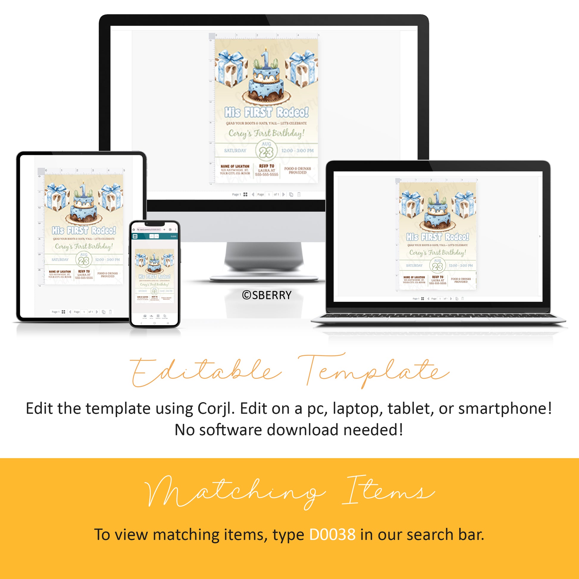 Editable birthday invitation template displayed on desktop, laptop, tablet, and smartphone screens with instructions for editing and finding matching items.