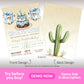 Birthday party invitation featuring a cowboy cake with boots and hat on the front and a cactus illustration on the back. Text includes event details and RSVP information.