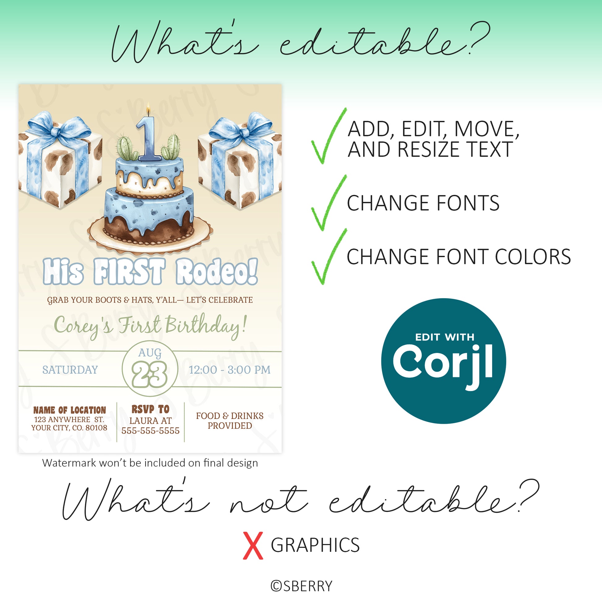 Digital birthday invitation template featuring editable text elements, fonts, and font colors via Corjl; graphics are not editable.
