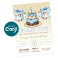 Birthday invitation featuring a cowboy-themed cake with a "1" topper, two gift boxes, and event details for a first birthday party on August 23 from 12:00 to 3:00 PM.