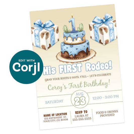 Birthday invitation featuring a cowboy-themed cake with a "1" topper, two gift boxes, and event details for a first birthday party on August 23 from 12:00 to 3:00 PM.