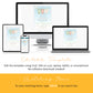 A digital invitation template is displayed on a desktop, laptop, tablet, and smartphone, showing it can be edited on multiple devices. Text explains editing features and how to find matching items.