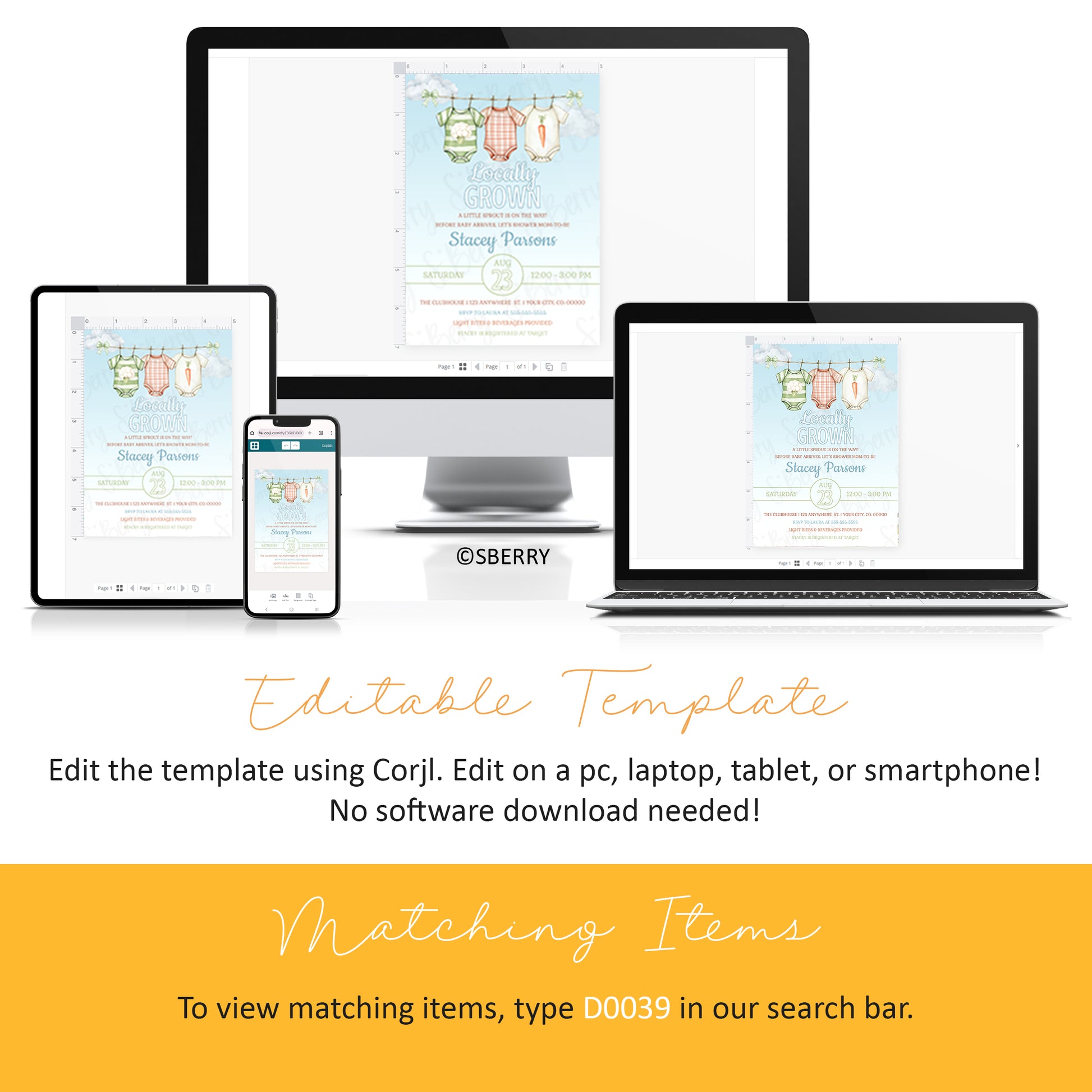 A digital invitation template is displayed on a desktop, laptop, tablet, and smartphone, showing it can be edited on multiple devices. Text explains editing features and how to find matching items.