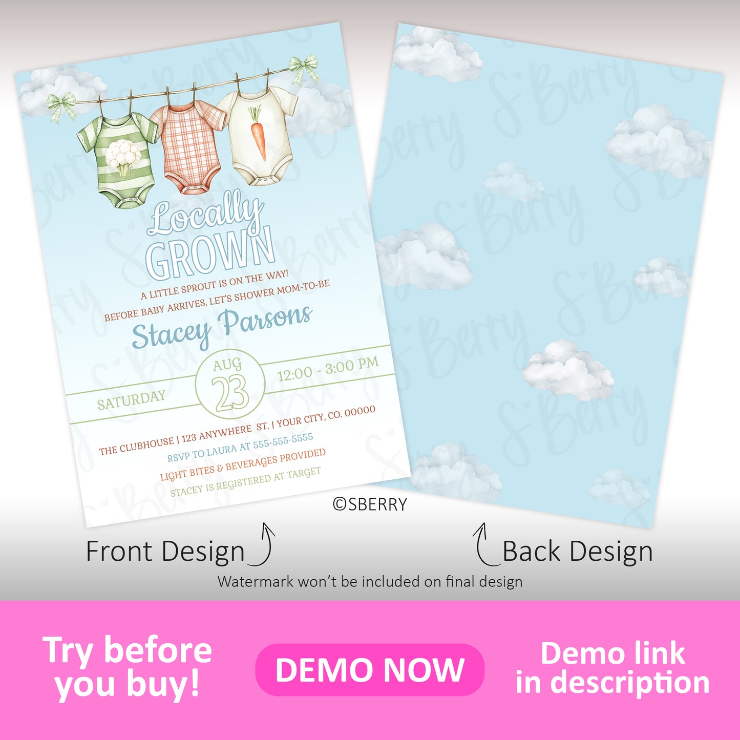 Front and back designs of a baby shower invitation featuring baby clothes on a clothesline and event details, with the back showing a blue sky and clouds pattern.