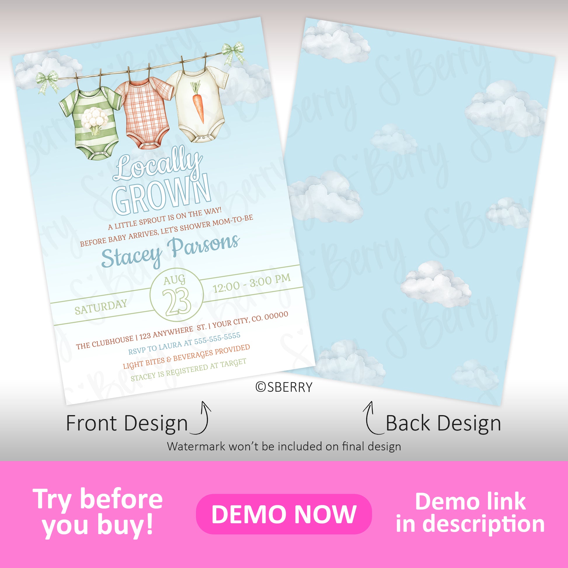 Front and back designs of a baby shower invitation featuring baby clothes on a clothesline and event details, with the back showing a blue sky and clouds pattern.