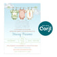 Baby shower invitation featuring three onesies (green, striped, and carrot print) hanging on a clothesline with event details for Stacey Parsons below.