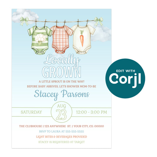 Baby shower invitation featuring three onesies (green, striped, and carrot print) hanging on a clothesline with event details for Stacey Parsons below.