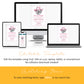 Four devices display the same pink and white invitation template. Text below explains the template is editable on multiple devices with Corjl, no software needed.
