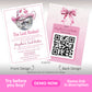 Two pink cards for a “Last Rodeo” party invite: front has a cowboy hat with disco mirror tiles, back has a bow and a QR code for a Spotify playlist.