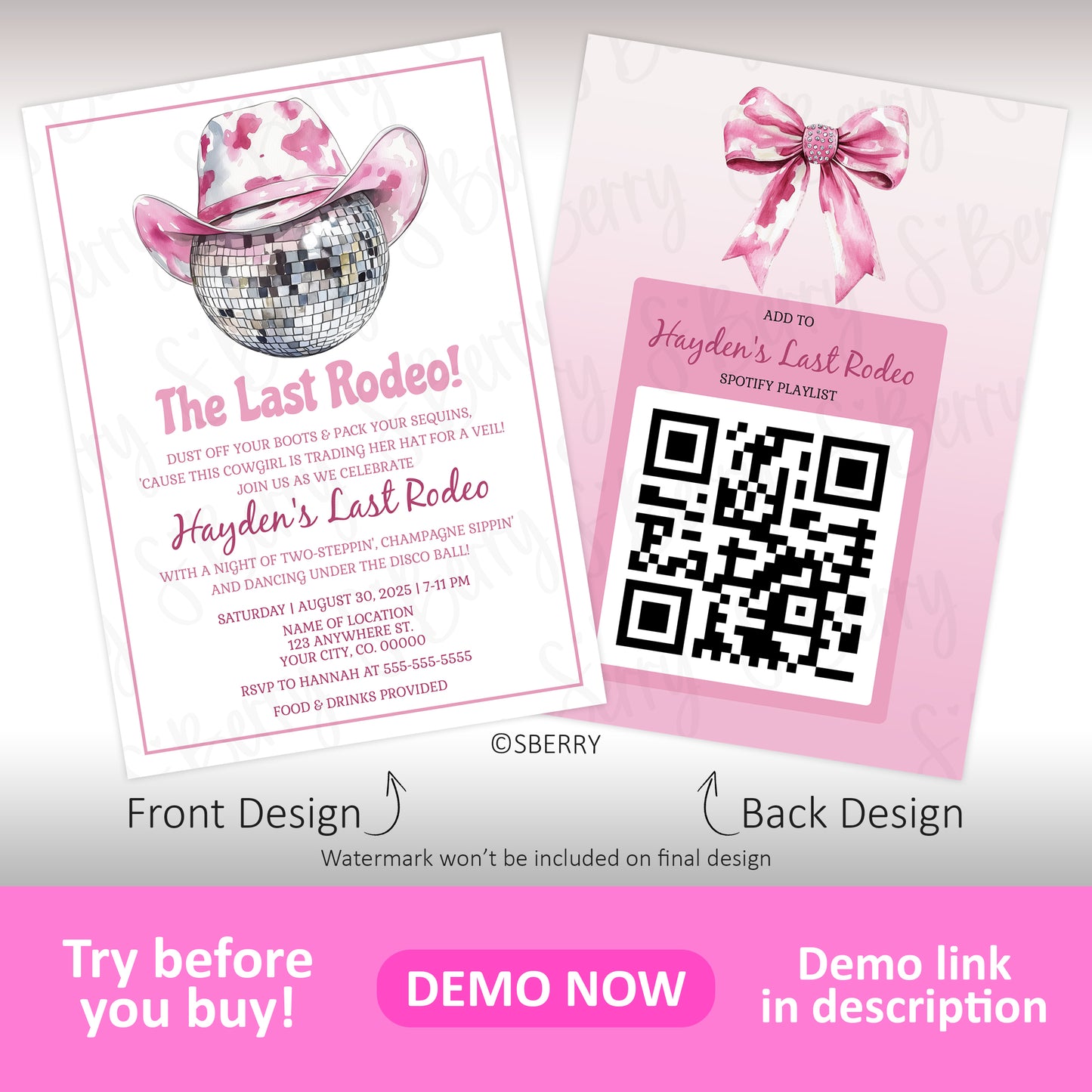 Two pink cards for a “Last Rodeo” party invite: front has a cowboy hat with disco mirror tiles, back has a bow and a QR code for a Spotify playlist.