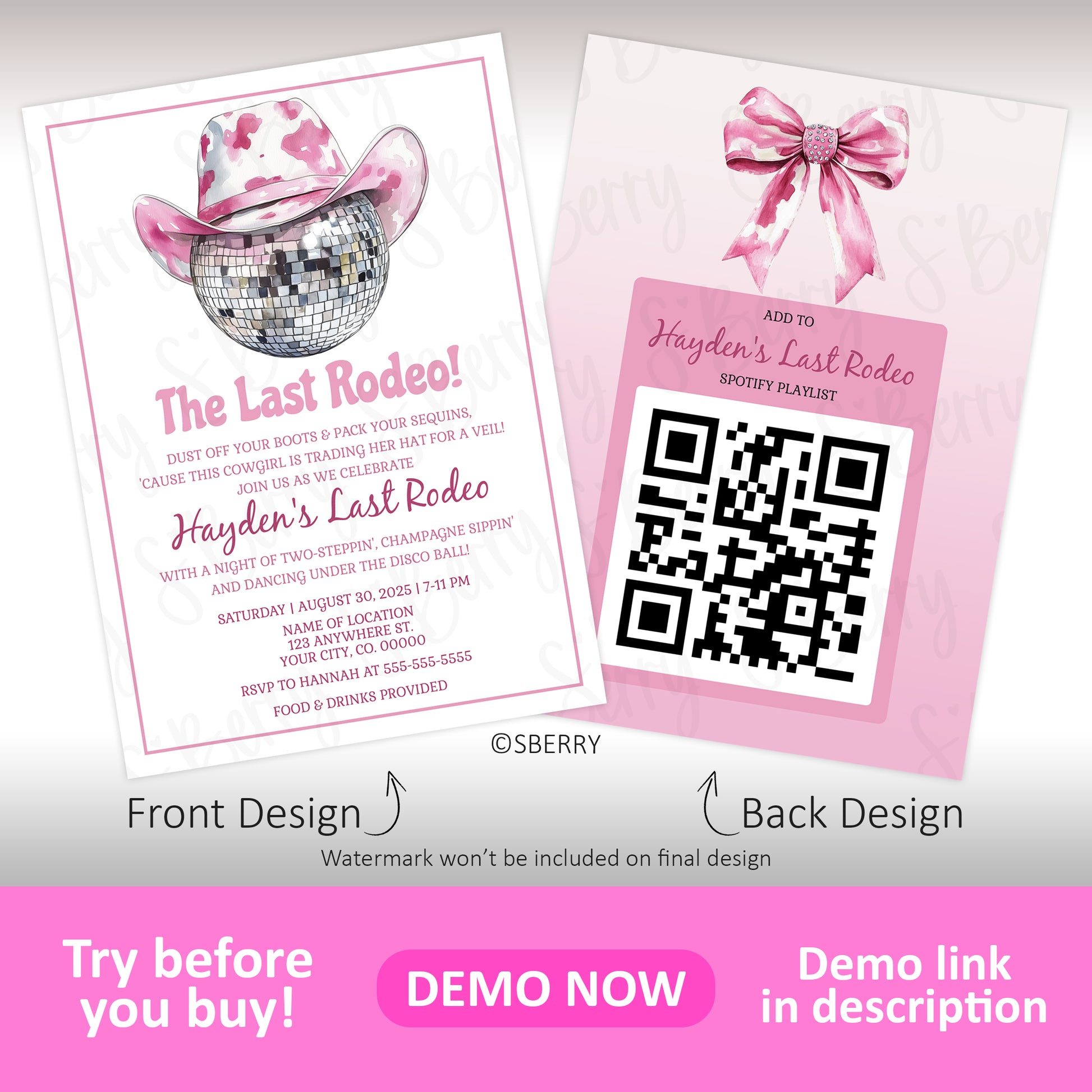 Two pink cards for a “Last Rodeo” party invite: front has a cowboy hat with disco mirror tiles, back has a bow and a QR code for a Spotify playlist.