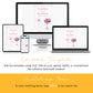 A digital invitation template is displayed on a desktop, laptop, tablet, and smartphone. Text explains the template is editable on multiple devices using Corjl.