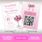 Two pink-themed invitation cards for "Kiley's Last Roundup" bachelorette party; front displays event details, back features a QR code for a Spotify playlist.