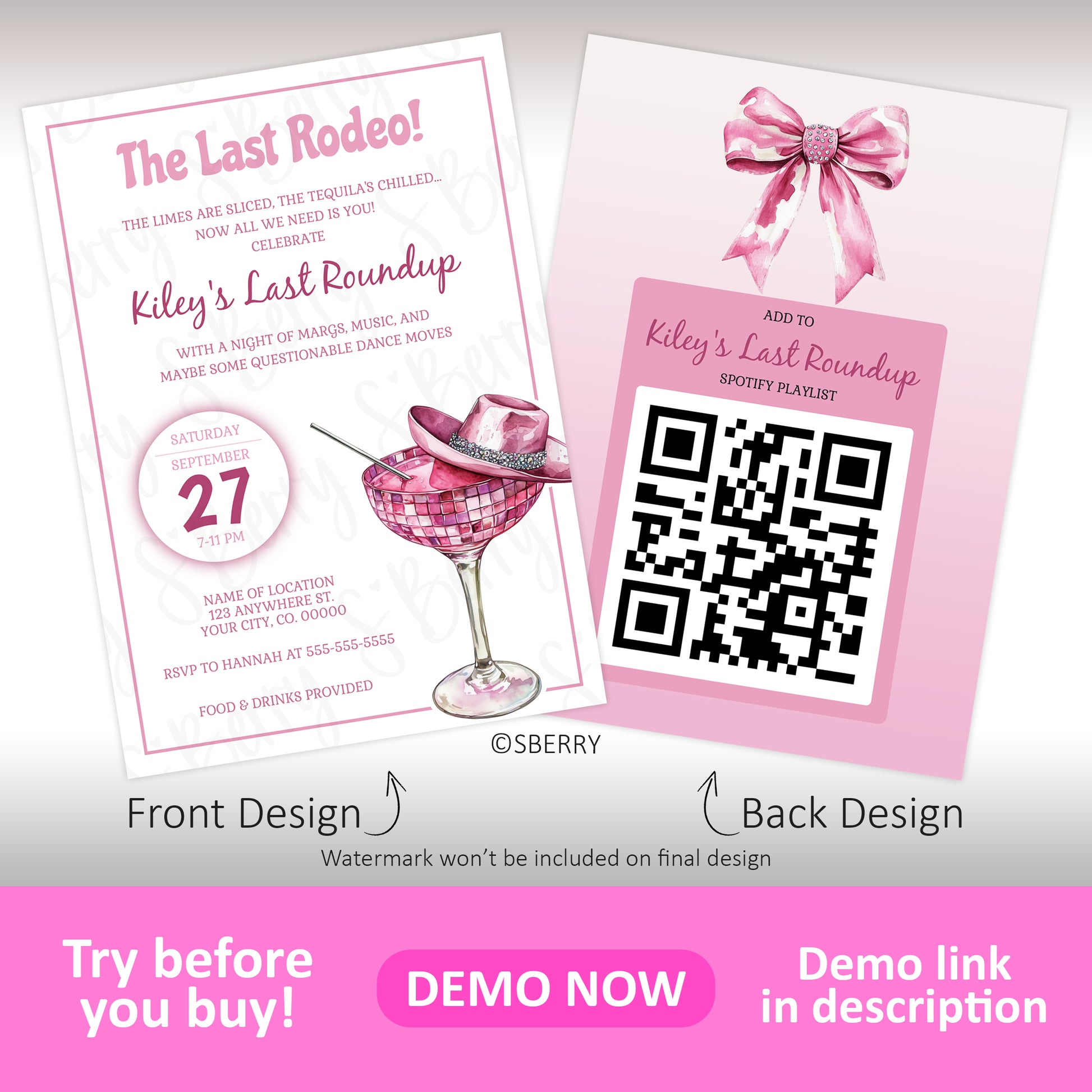 Two pink-themed invitation cards for "Kiley's Last Roundup" bachelorette party; front displays event details, back features a QR code for a Spotify playlist.