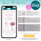 Instructional graphic explaining how to edit a digital invitation with Corjl on a smartphone, showing three steps: purchase, edit, and print/share, with a demo link and product image.