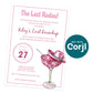 A pink-themed party invitation for "Kiley's Last Roundup," featuring a cocktail glass with a pink cowboy hat, event details, RSVP info, and a "Edit with Corjl" badge.