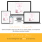 A digital invitation template is displayed on a desktop, laptop, tablet, and smartphone, demonstrating cross-device editing via Corjl. Text explains no software download is needed.