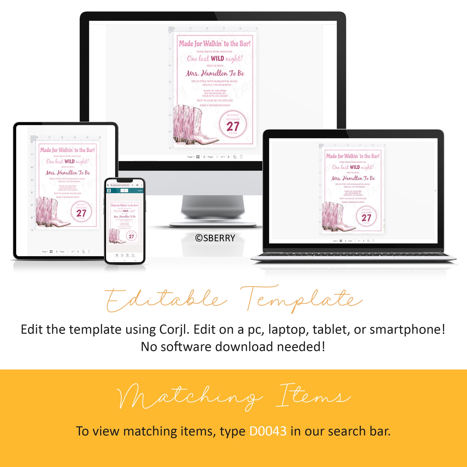A digital invitation template is displayed on a desktop, laptop, tablet, and smartphone, demonstrating cross-device editing via Corjl. Text explains no software download is needed.