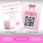 Pink bachelorette party invitation featuring pink cowboy boots on the front and a QR code linking to a Spotify playlist on the back. Event details and bow graphic included.