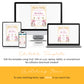 Editable party invitation template displayed on a desktop, laptop, tablet, and smartphone. Text explains template can be edited on any device using Corjl, no software download required.