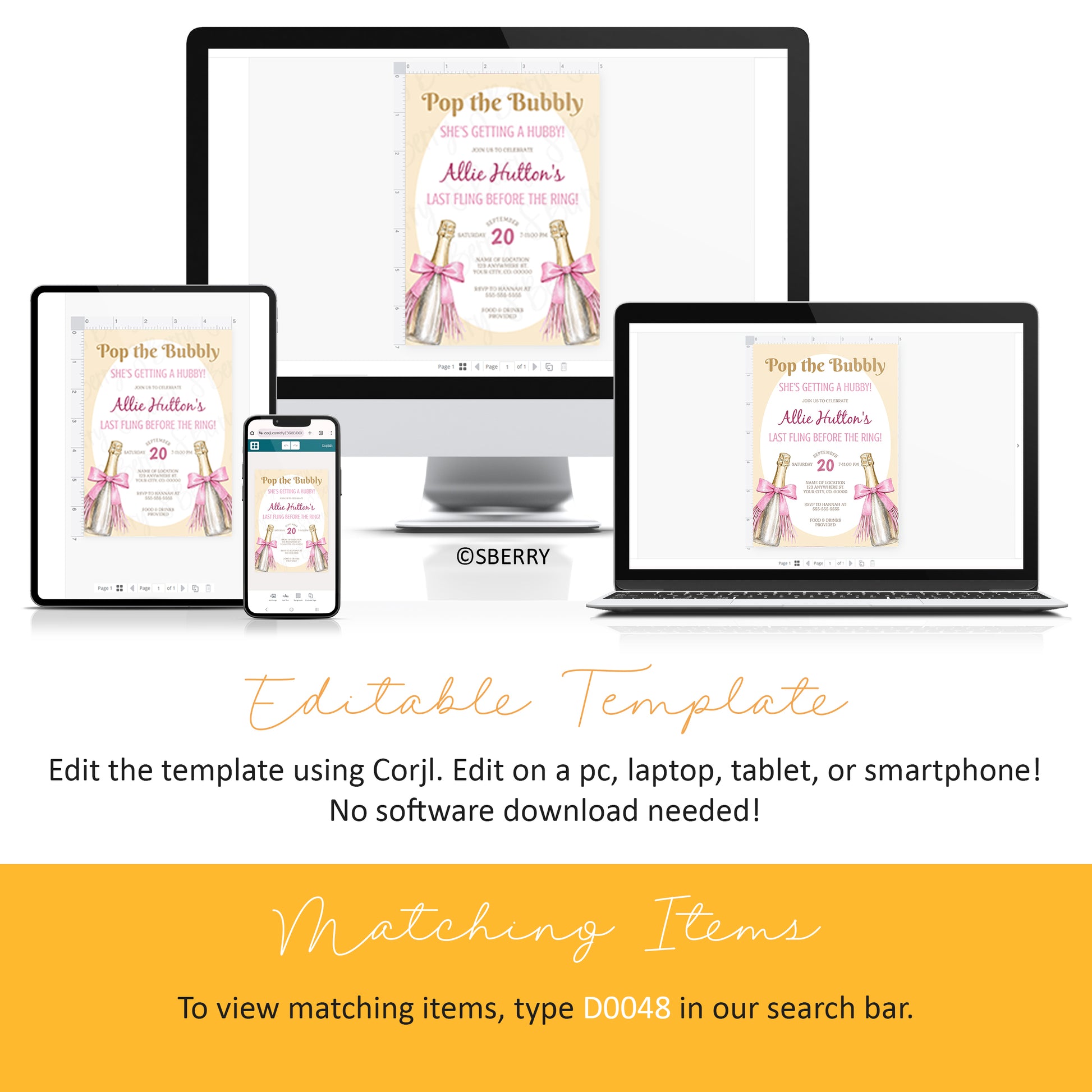 Editable party invitation template displayed on a desktop, laptop, tablet, and smartphone. Text explains template can be edited on any device using Corjl, no software download required.
