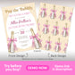 Invitation card for a bridal shower featuring pink and gold champagne bottles, event details on the front, and a repeating champagne bottle pattern on the back.