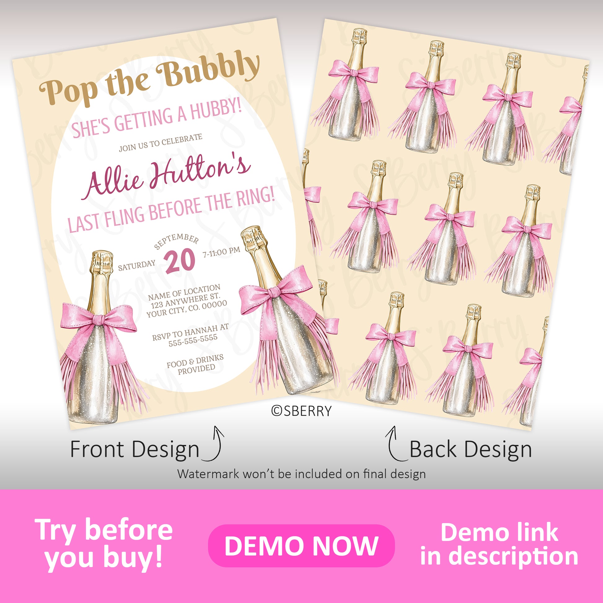 Invitation card for a bridal shower featuring pink and gold champagne bottles, event details on the front, and a repeating champagne bottle pattern on the back.