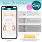 Screenshot showing instructions for editing a bridal shower invitation using Corjl, with steps for purchase, editing, and sharing, plus emphasis on instant access and no software required.