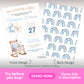 Baby shower invitation card for a boy with a rocking chair, teddy bear, and balloons on the front; blue and beige watercolor rainbows pattern on the back.