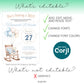 Editable baby shower invitation template for a boy, showing customizable text features and non-editable graphics, with instructions and Corjl logo.