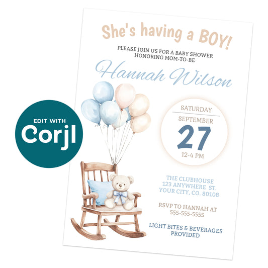 Baby shower invitation for a boy featuring a teddy bear on a rocking chair with blue and white balloons, event details, and RSVP information on a white background.