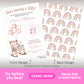 Baby shower invitation for a girl featuring a teddy bear on a rocking chair with event details on the front and a pink watercolor rainbow pattern on the back.